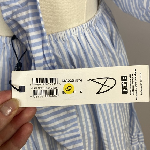 MINKPINK Milani Tiered Midi Dress in Blue & White Small - Picture 15 of 16
